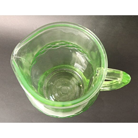 Vintage Green Uranium Glass Pitcher Glows Depression Glass Diamond Cris Cross Pa - Picture 3 of 6